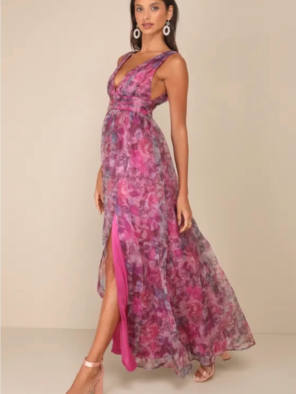 Lulu's Garden Romance Magenta Floral Print Organza Maxi Dress Size L